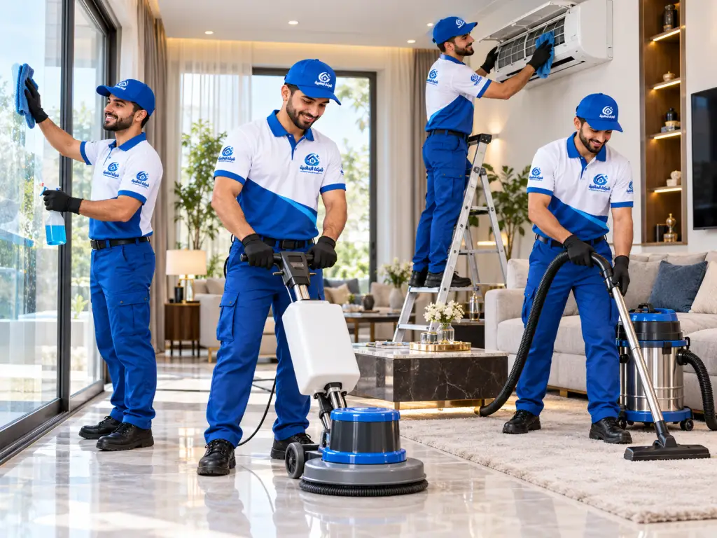 فريق شركة العالمية للخدمات المنزلية المتكاملة أثناء تنفيذ خدمات التنظيف والصيانة
