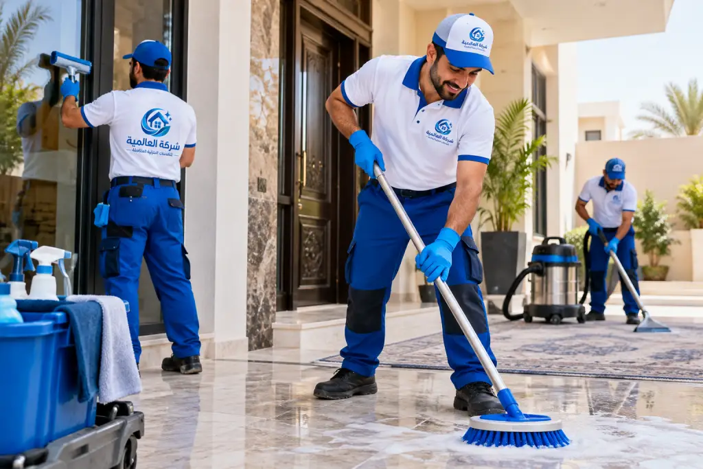 فريق شركة العالمية أثناء تنفيذ خدمات التنظيف والصيانة المنزلية